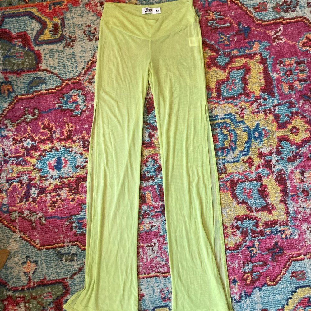 Tiger Mist Neon Green Charteuse Flared Mesh Pants w/ Side Slits Size Women's XS